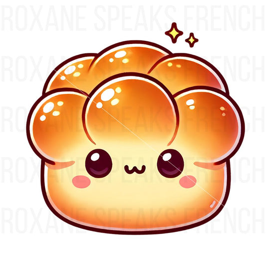 Kawaii-style French brioche clipart with a warm, golden color and a happy, smiling face. Designed for high-quality sublimation and shirt printing, perfect for adding a cozy, bakery-inspired touch to apparel and DIY projects.