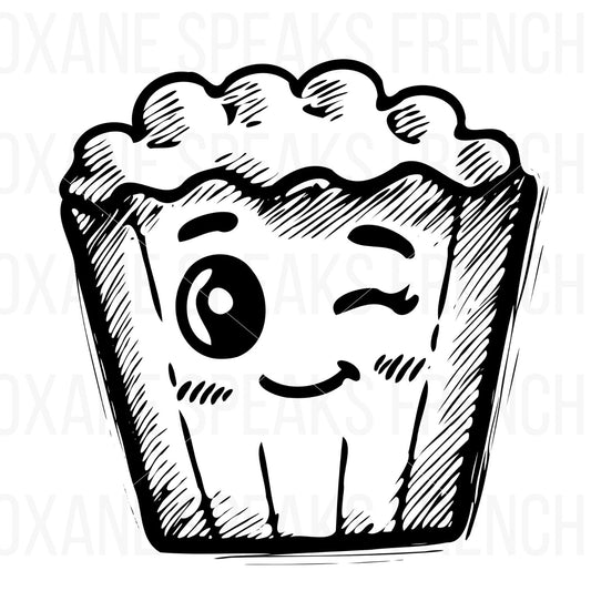 Black and white kawaii illustration of a popcorn box with a winking face and a cute smile, designed in a hand-drawn style for crafting and digital design projects