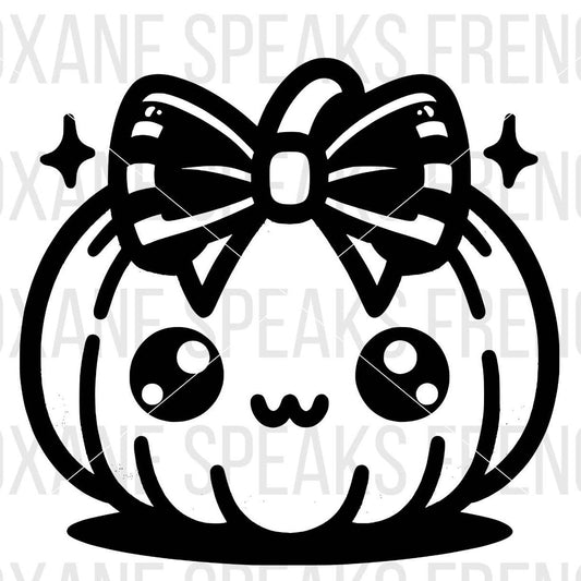 cute Kawaii Pumpkin With Coquette Bow black Outline SVG For DIY and Cricut Projects