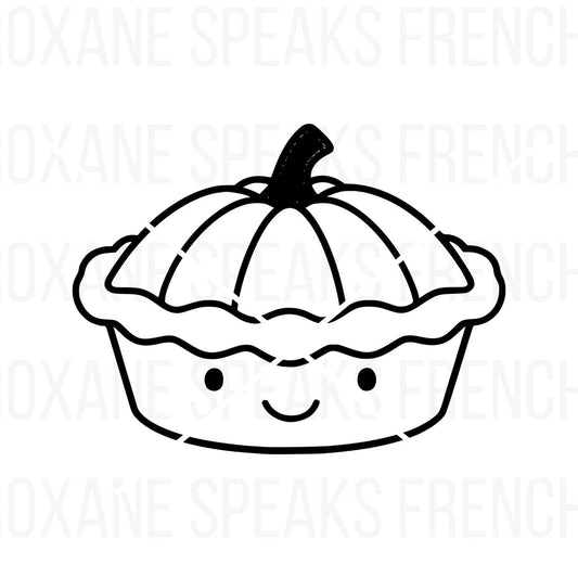 Smiling Kawaii pumpkin pie clipart, perfect for Thanksgiving DIY crafts and holiday decorations.