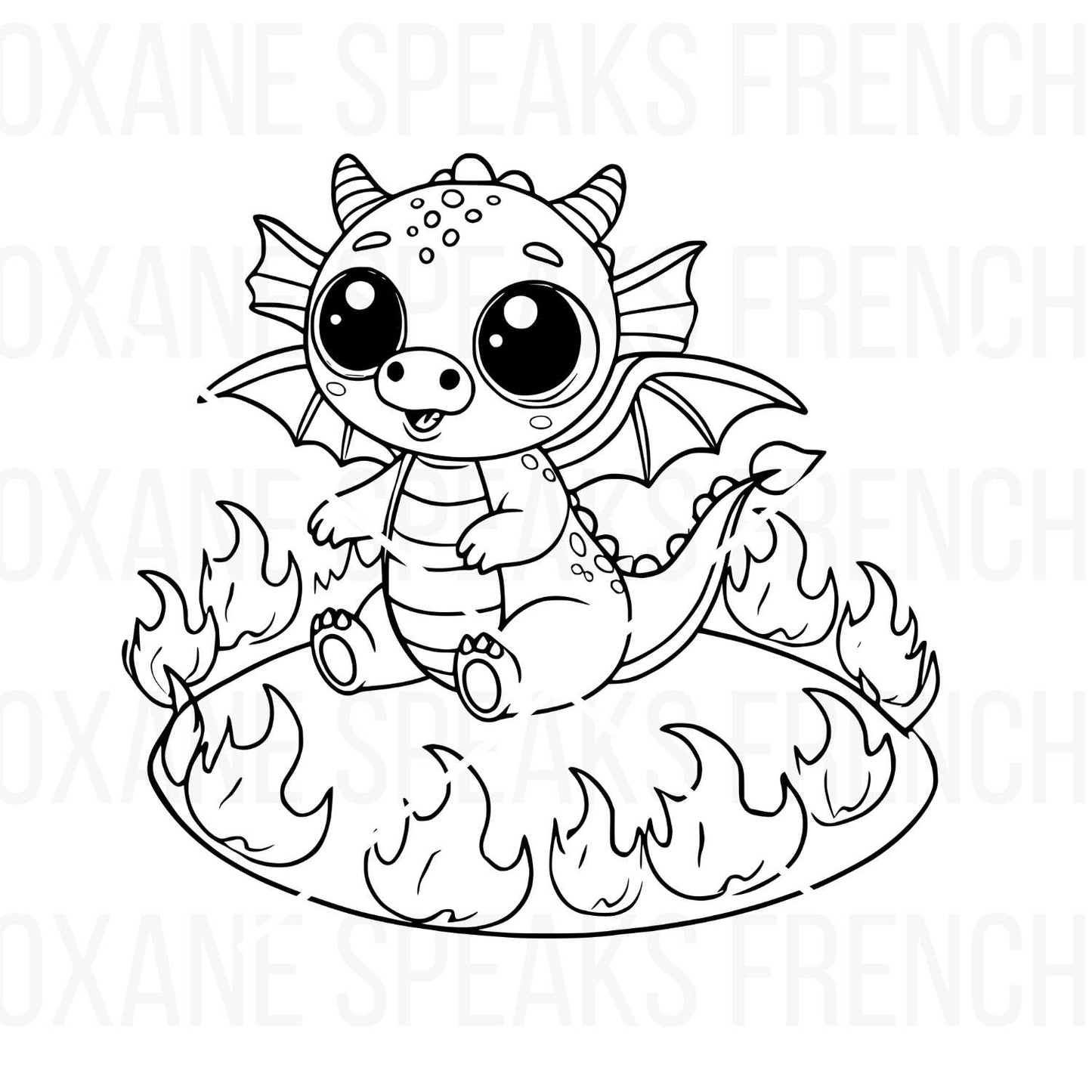 Kawaii baby dragon sitting in a circle of flames, designed with large, adorable eyes and a whimsical style in clean black outlines. Perfect for crafting and DIY projects.