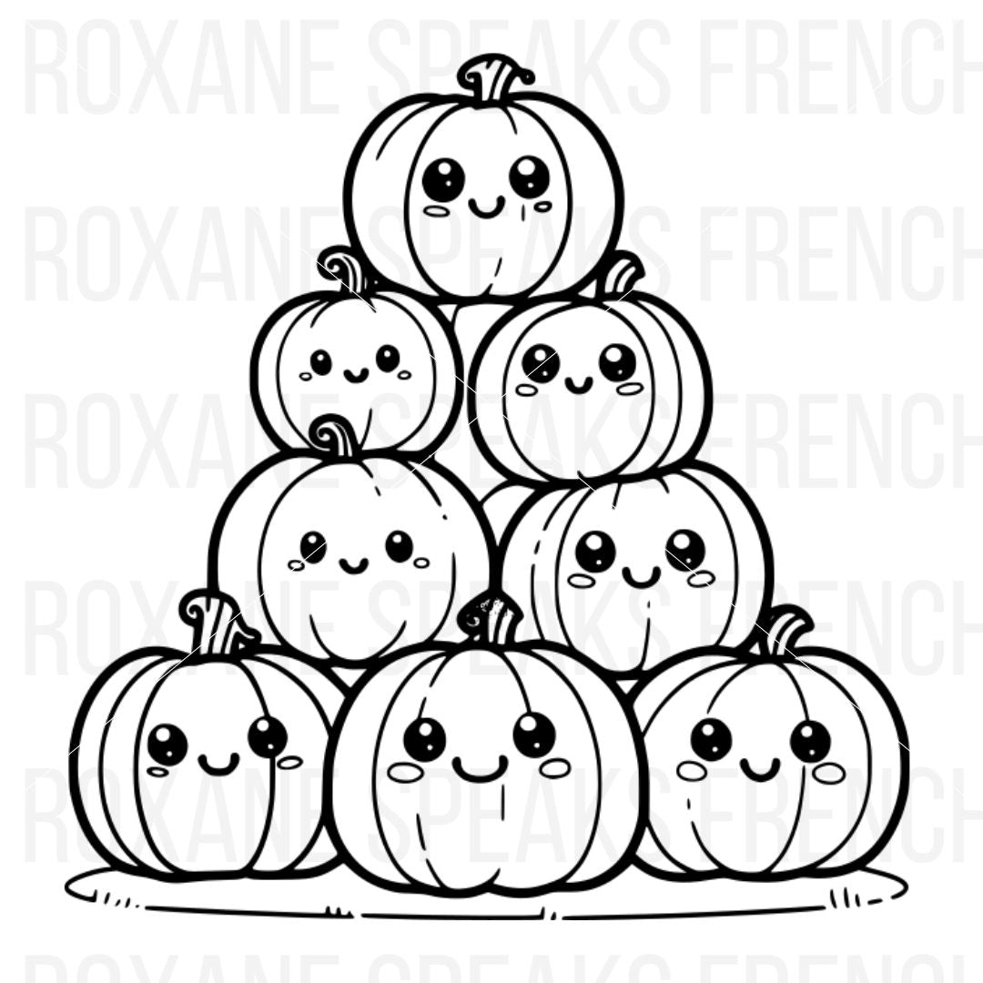 Printable Halloween Kawaii Stack of Pumpkins Coloring Page PDF + PNG File