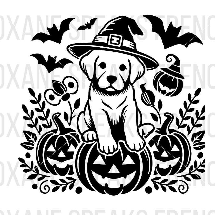 Halloween-themed Labrador Retriever puppy wearing a witch hat, sitting on a jack-o'-lantern surrounded by bats and pumpkins, available as an SVG and PNG for crafting and seasonal projects.