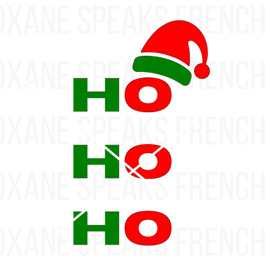 Festive HO HO HO layered SVG with a red and green Santa hat design, perfect for Christmas crafts, DIY holiday decor, Cricut projects, vinyl cutting, seasonal greeting cards, festive apparel, and scrapbooking. Ideal for adding a joyful holiday touch to any creative project.