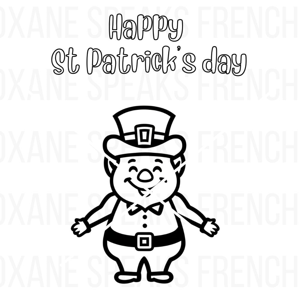 Black-and-white outline of a cheerful leprechaun wearing a hat and belt with "Happy St. Patrick's Day" written above, designed as a fun and festive coloring page.