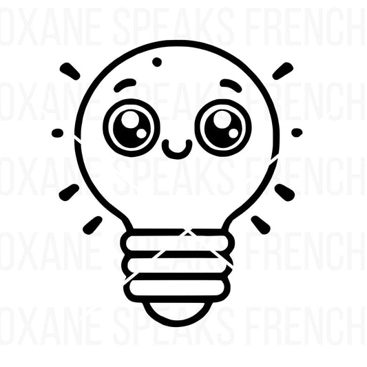 Light Bulb SVG featuring a kawaii-style design with bold outlines and a smiling face, perfect for crafting and digital projects.