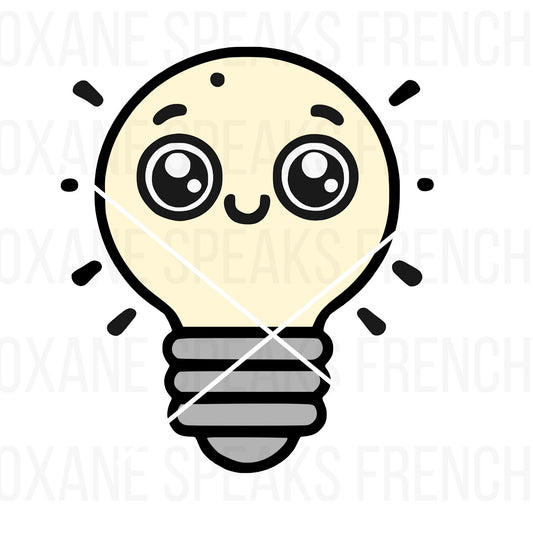 Kawaii-style lightbulb SVG with big expressive eyes and a cheerful smile, perfect for crafting and digital designs