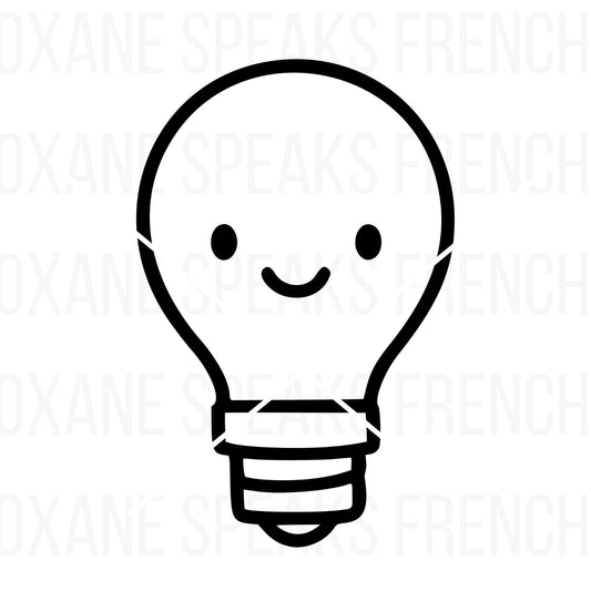 Minimalist lightbulb SVG with a cute smiling face in black and white, ideal for crafting, educational worksheets, and digital designs.