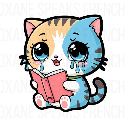 Kawaii Cat Crying and Reading Clipart - Charming and Heartfelt Digital Illustration for DIY Crafts, Printables, and More!