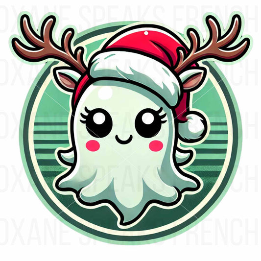 Kawaii Christmas ghost clipart wearing a Santa hat and reindeer antlers, with a retro-inspired green background, perfect for holiday-themed crafts and DIY projects.