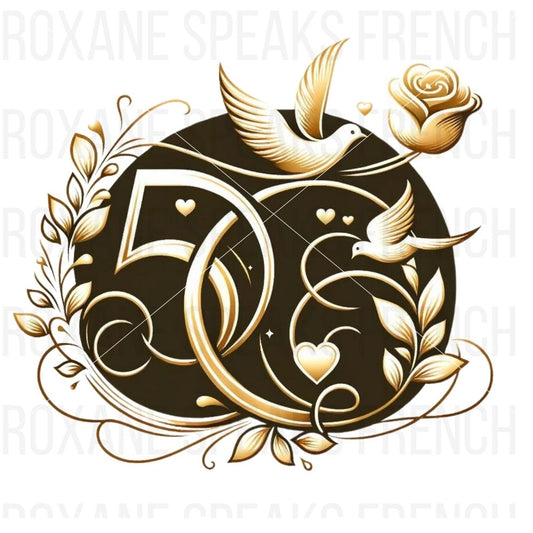 A digital illustration celebrating a 50th anniversary, featuring the number "50" in elegant golden script.