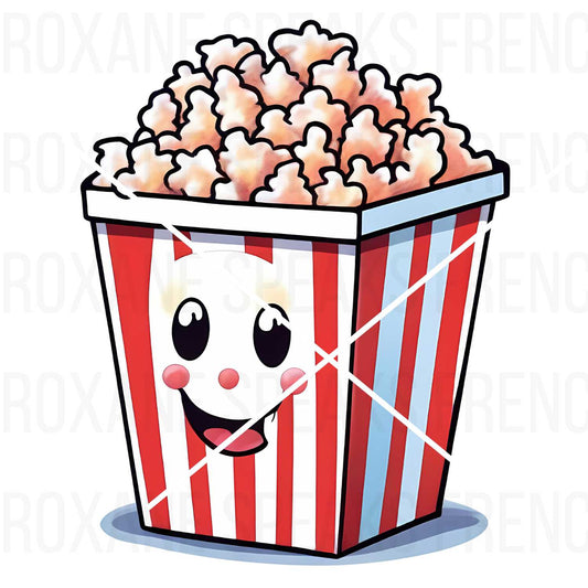 Adorable cartoon popcorn box with a smiling face and red-striped design, perfect for movie night, party decorations, and crafting projects.