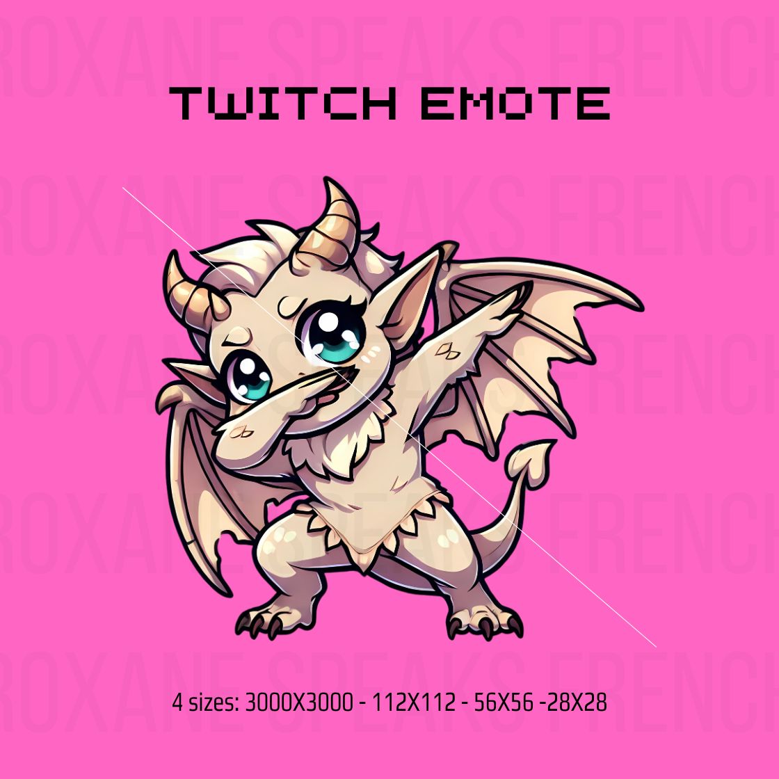 Kawaii-style dabbing gargoyle Twitch emote with large eyes and playful expression. Available in four sizes: 3000x3000, 112x112, 56x56, and 28x28.