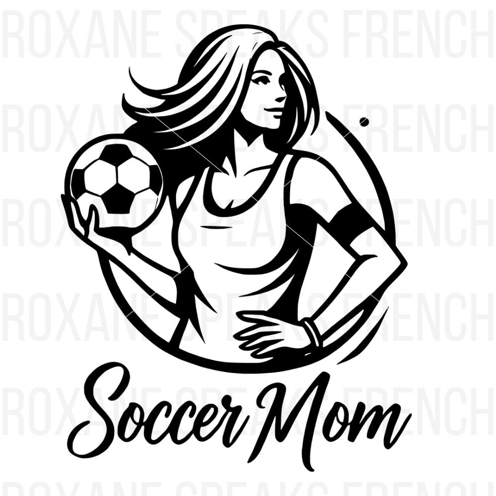 A black and white silhouette design featuring a confident, athletic woman holding a soccer ball in one hand.