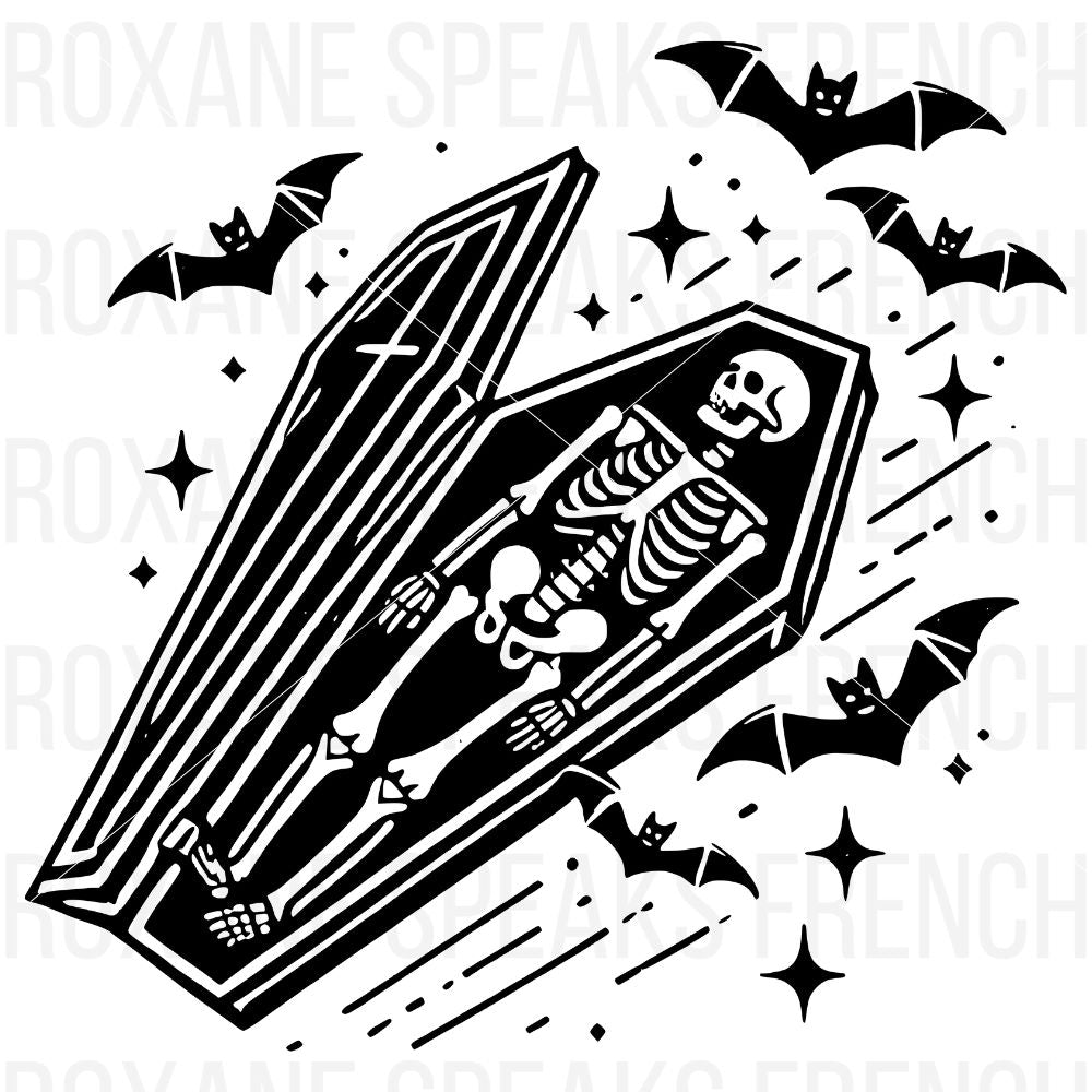 A bold black silhouette design featuring a skeleton lying inside an open coffin, surrounded by bats flying in the night sky.