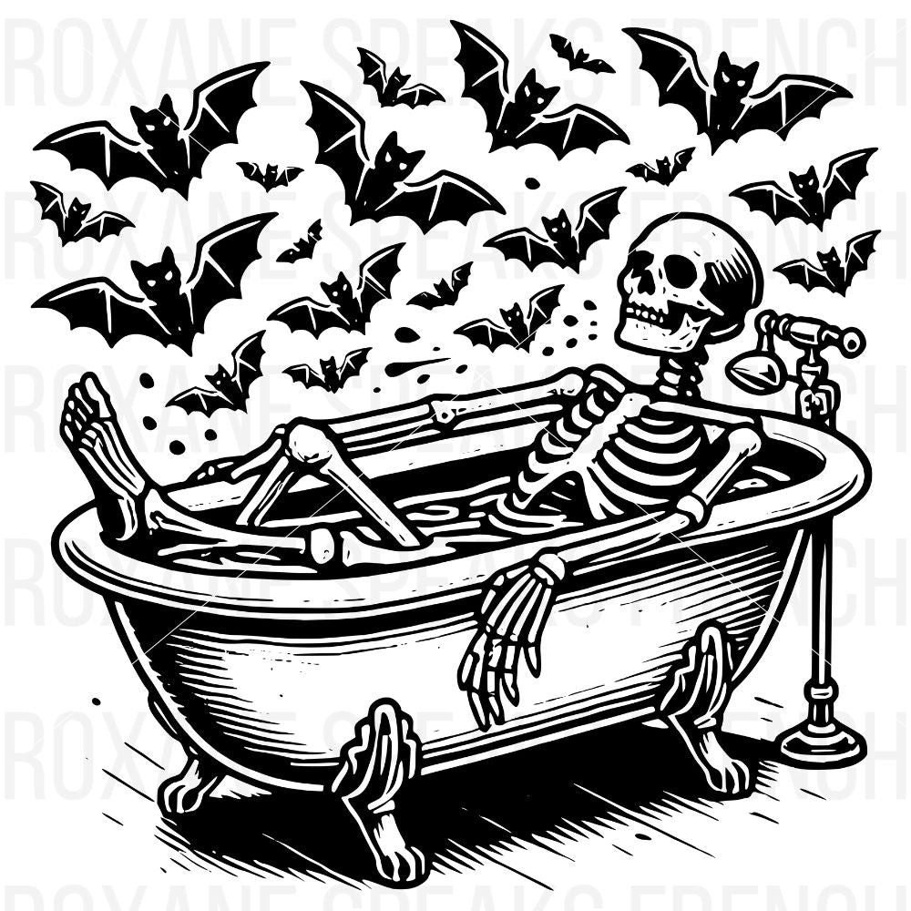 A spooky yet whimsical design featuring a skeleton lounging in a classic clawfoot bathtub with one arm resting on the tub's edge.