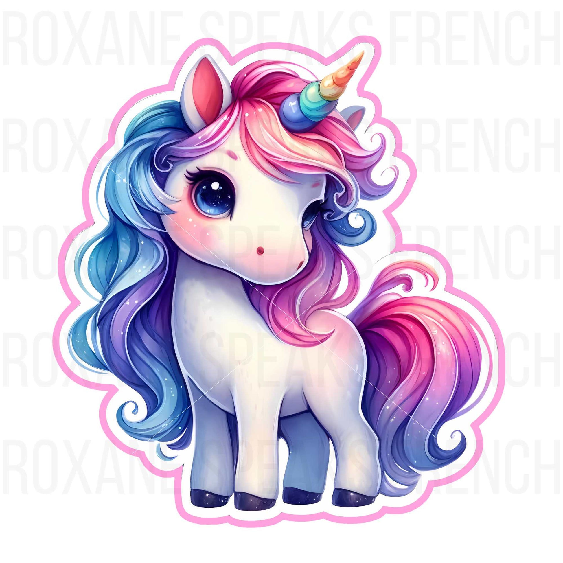 Cute kawaii unicorn sticker printable with pastel rainbow colors, perfect for DIY crafts, planners, and decor projects.