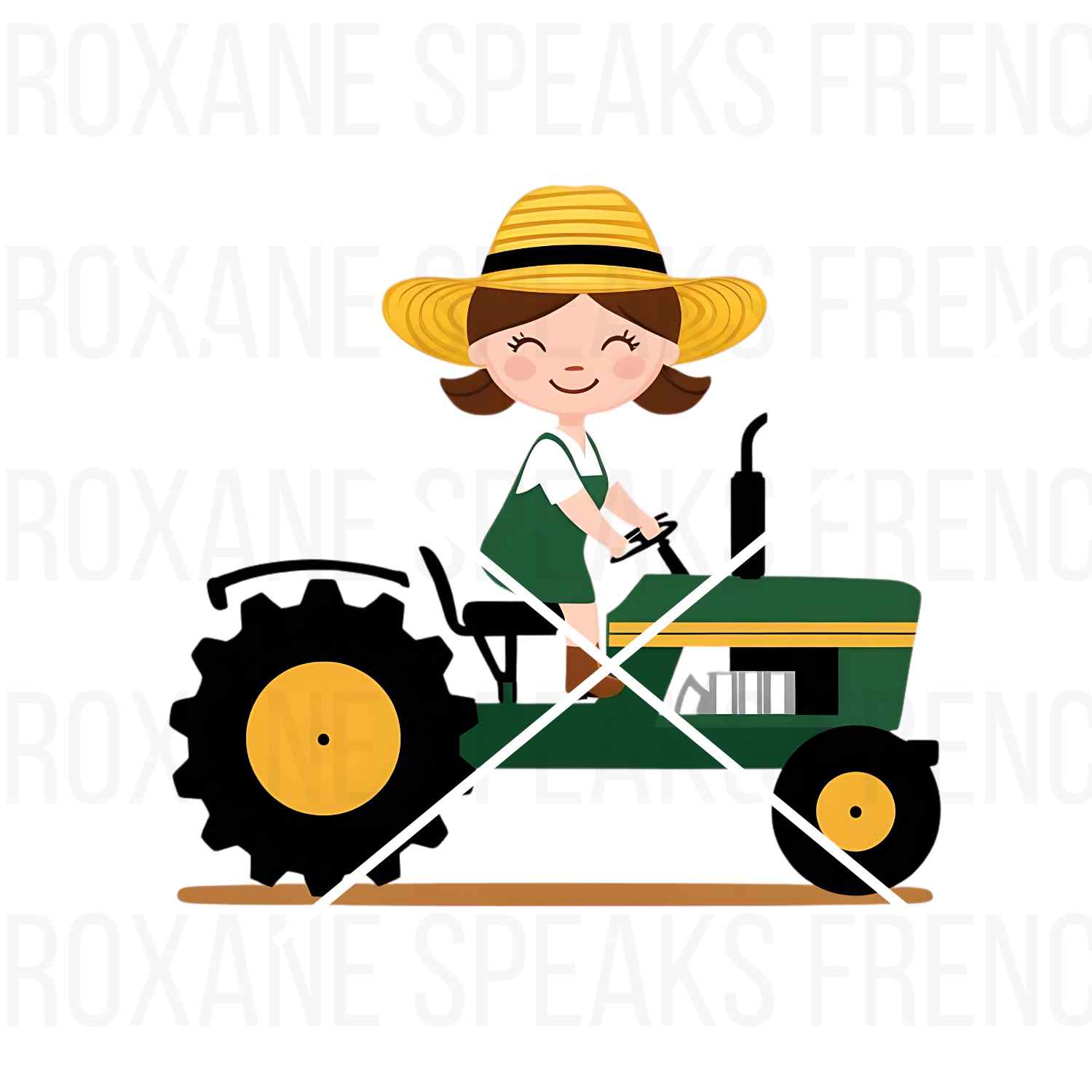 Cute female farmer wearing a straw hat and driving a green tractor, perfect for farm-themed crafts, kids activities, and educational projects.