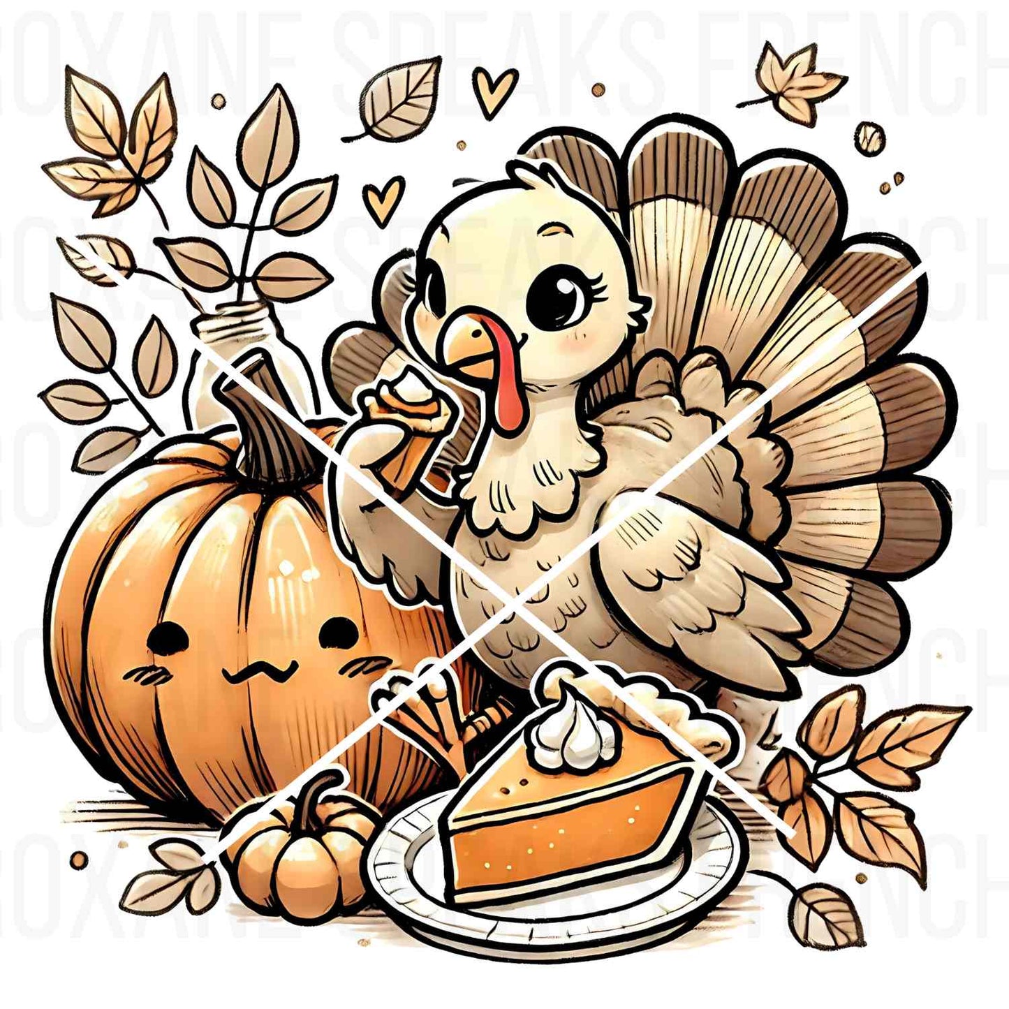 Thanksgiving clipart with a cute turkey, pumpkin pie, and autumn leaves, perfect for holiday crafts and decorations.