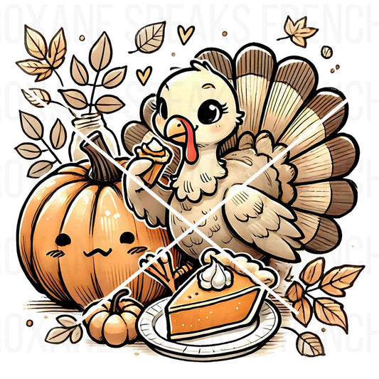 Thanksgiving clipart with a cute turkey, pumpkin pie, and autumn leaves, perfect for holiday crafts and decorations.