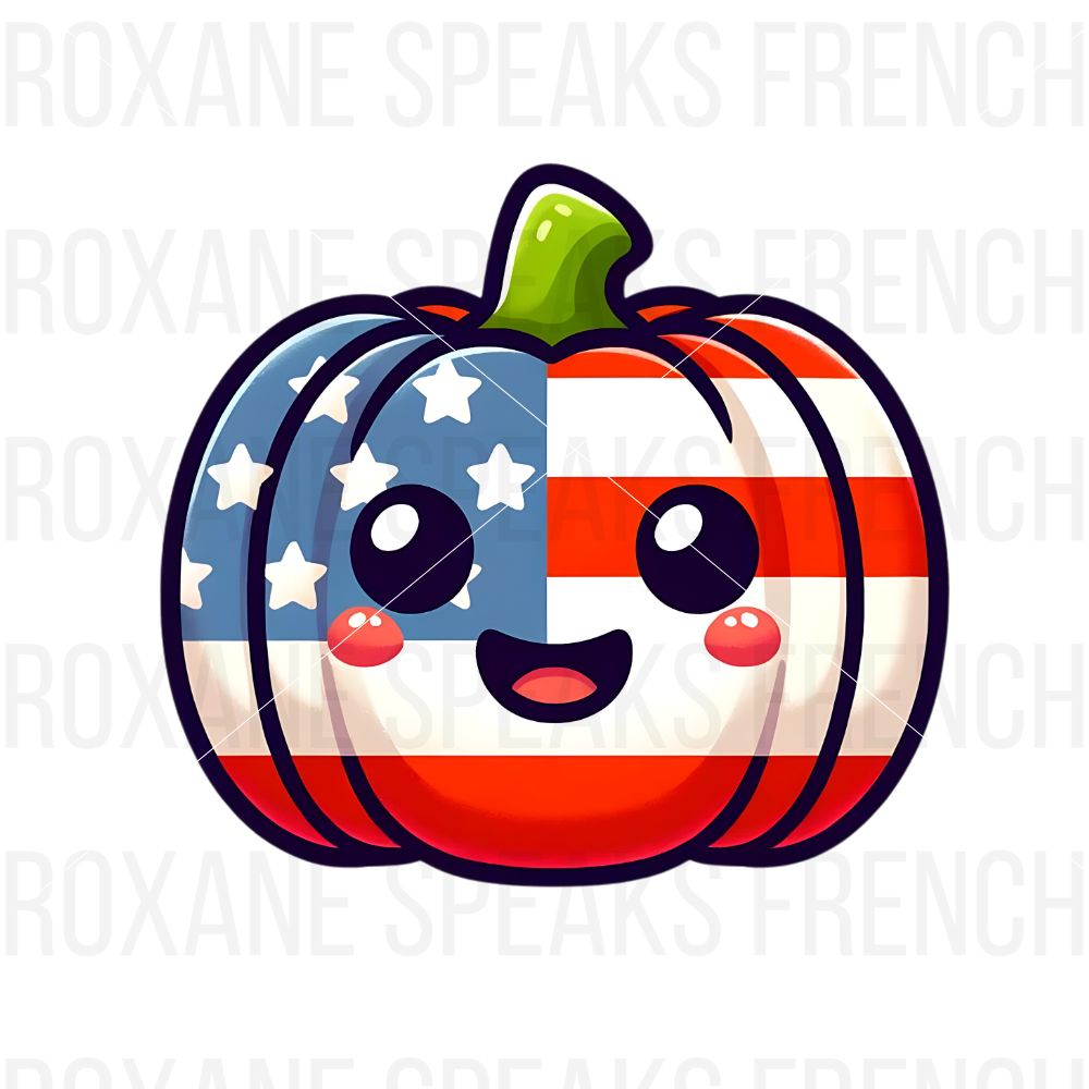 Cute pumpkin with an American flag design and a happy, kawaii-style face, featuring large eyes, blushing cheeks, and a cheerful expression.