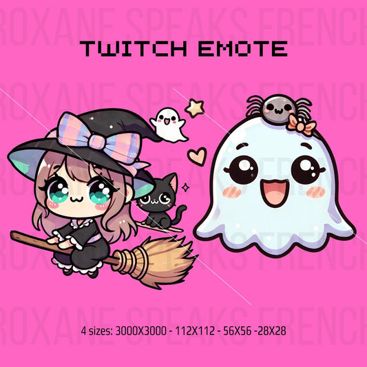 Cute Halloween Twitch emote featuring a kawaii-style witch riding a broom with a black cat, alongside a smiling ghost wearing a spider headband. Decorated with stars and hearts for a festive, spooky theme.