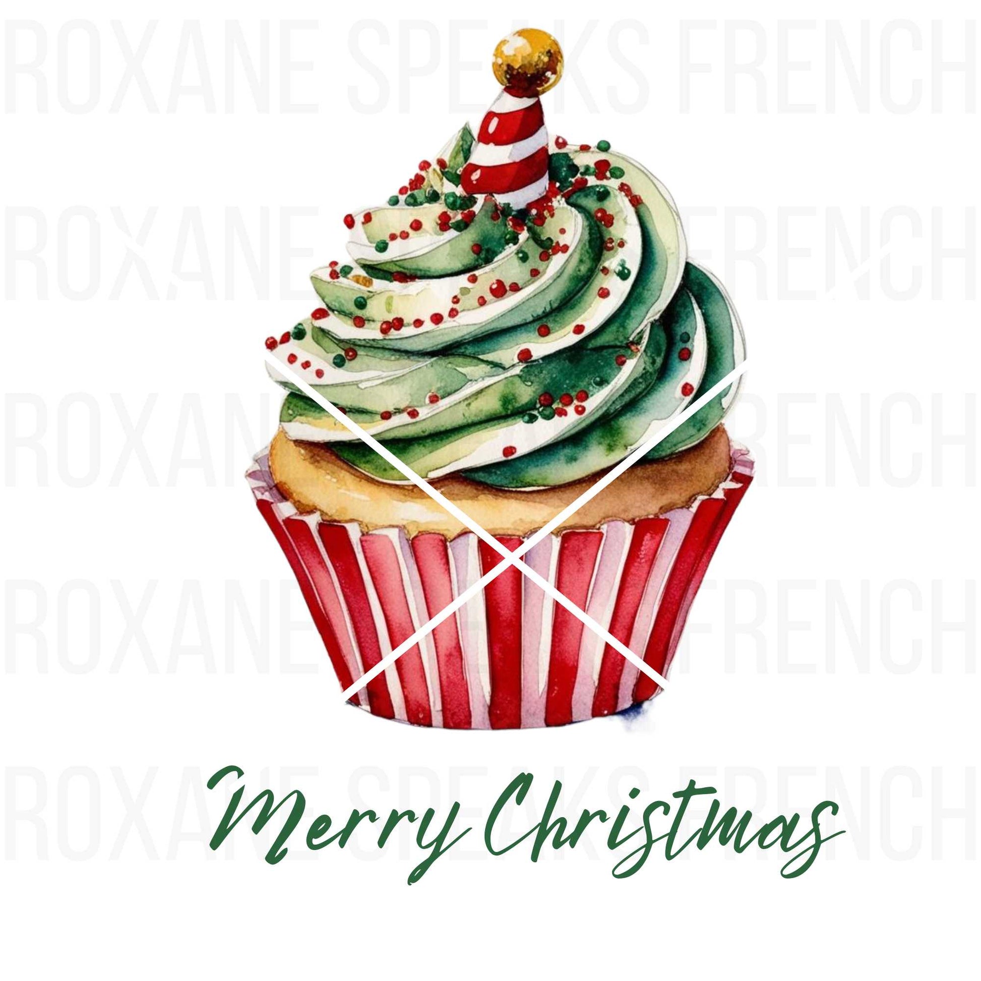 Watercolor illustration of a Christmas cupcake with green frosting, red sprinkles, and a mini Santa hat topper, with "Merry Christmas" text below. Perfect for holiday-themed designs.