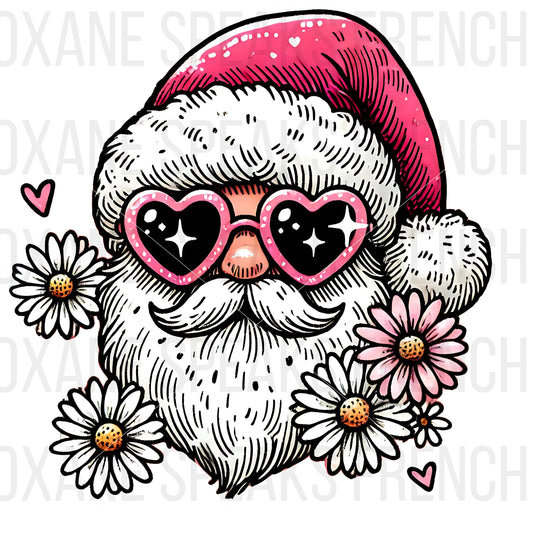 Vintage Santa Claus clipart with heart-shaped glasses, daisies, and retro-style details, perfect for Christmas crafts and holiday decor projects.