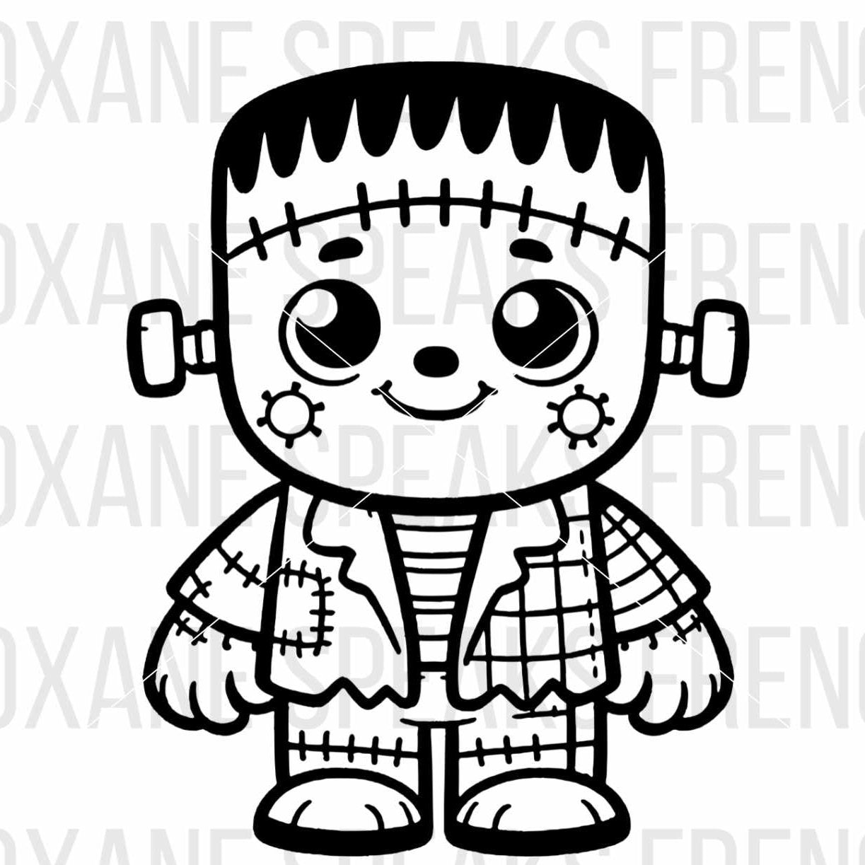 Adorable black and white silhouette of a cute Frankenstein SVG file, perfect for Halloween-themed crafting projects