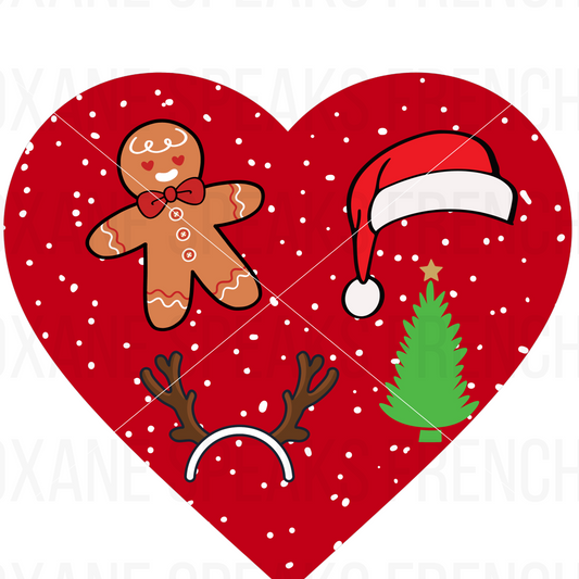 Christmas Heart Sublimation T-shirt Design featuring a gingerbread man, Santa hat, Christmas tree, and reindeer antlers on a red background, with a full commercial license and customizable colors. Perfect for small businesses looking for holiday-themed products.