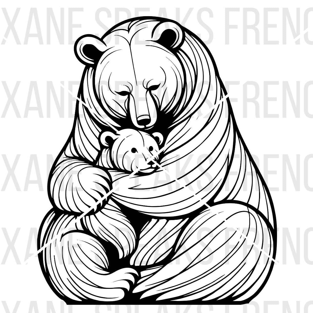 Illustration of a mama bear hugging a baby bear, featuring a stylized, flowing line design in black and white. The bears are depicted in a close, loving embrace, with detailed fur textures and gentle expressions.