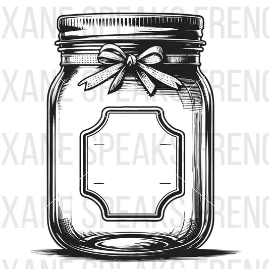 A detailed black and white SVG image of a mason jar with a bow and a blank label, ideal for rustic and vintage-themed crafts and digital projects.