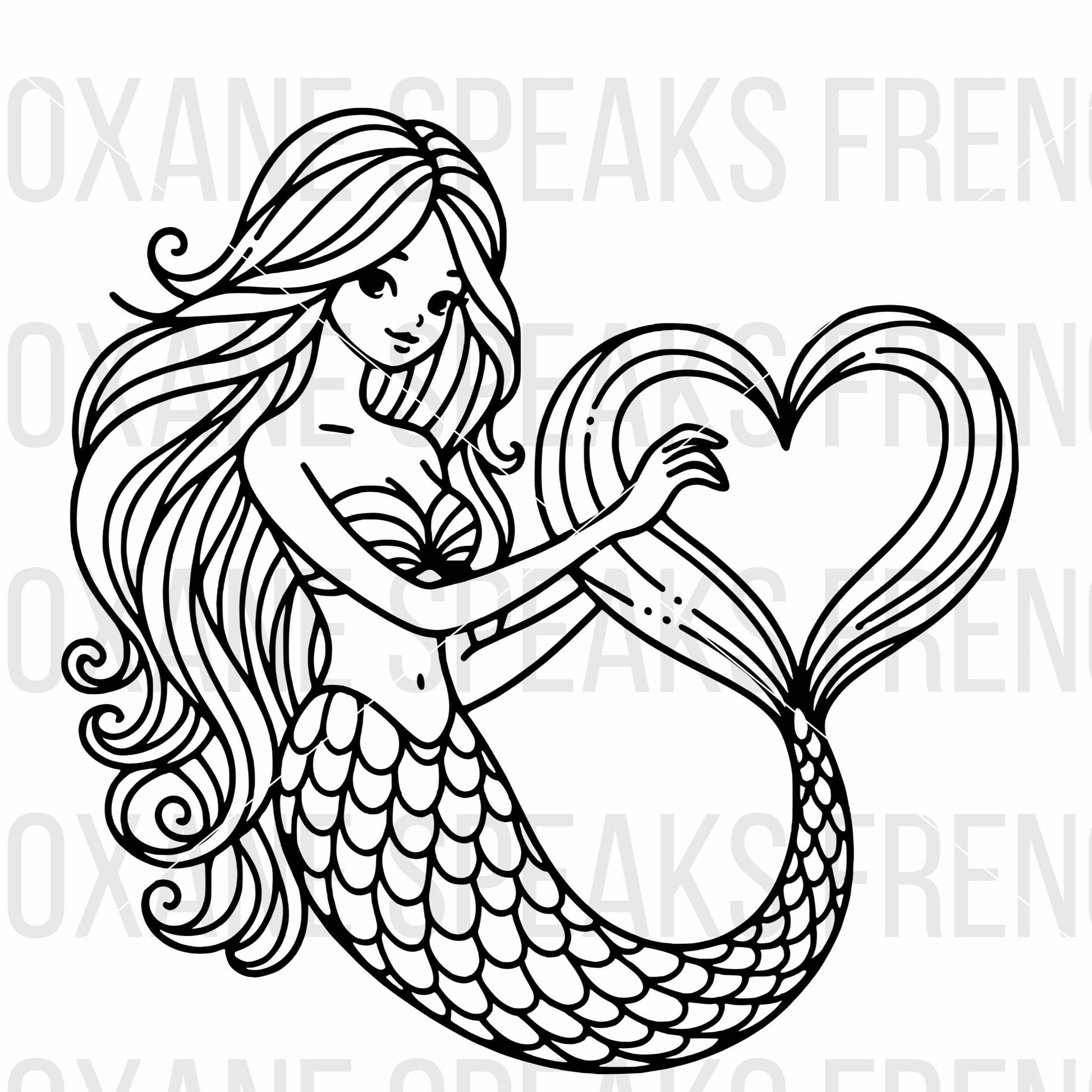  A black and white illustration of a mermaid with long flowing hair, creating a heart shape with her tail. The mermaid is smiling and has intricate details on her scales and fin.