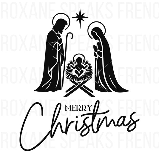 Elegant black silhouette nativity scene featuring Mary, Joseph, and Baby Jesus under a star, with the phrase 'Merry Christmas' below in a beautiful font. Perfect for religious holiday crafts and decor