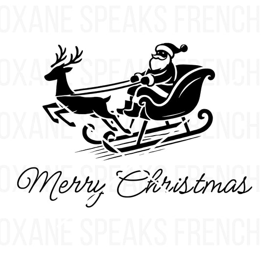 Black and white SVG of Santa riding a sleigh pulled by a reindeer with "Merry Christmas" text in elegant script, ideal for holiday crafts and decor.