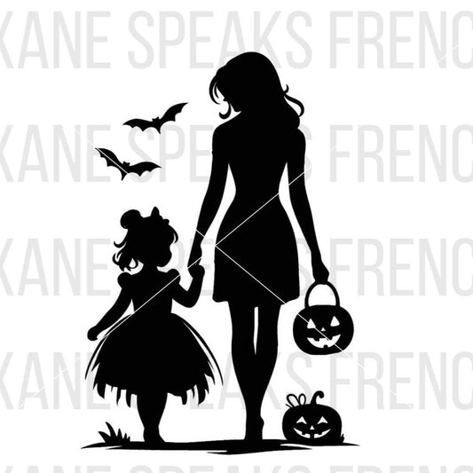 Halloween Mom And Dauther Trick Or Treat Silhouette SVG For DIY and Cricut Projects