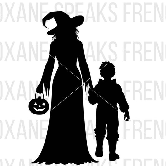 Halloween Mom And Son Trick Or Treat Silhouette SVG For DIY and Cricut Projects