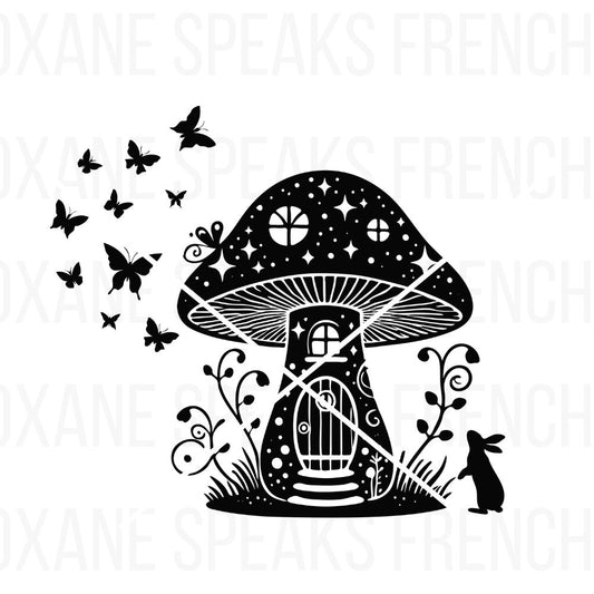 Enchanting mushroom fairy house SVG in black silhouette style with charming details like butterflies, a bunny, stars, and whimsical plants. Perfect for DIY crafts, scrapbooking, fairy tale decor, vinyl cutting, Halloween projects, magical printables, and enchanted-themed decorations.