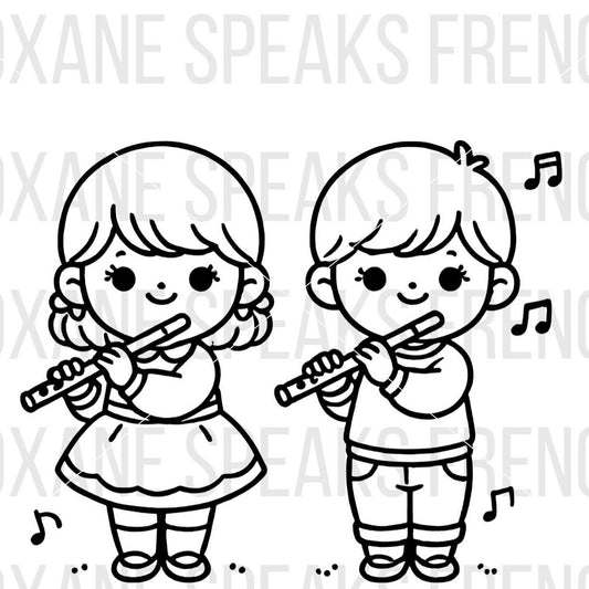 Music SVG featuring two children playing musical instruments. The girl is playing a flute while wearing a dress, and the boy is playing a flute while wearing a sweater and pants.