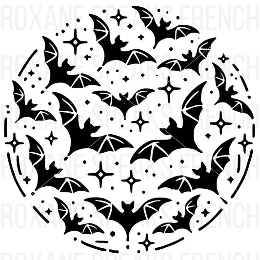 A circular design featuring multiple bats in flight, surrounded by stars and small dot patterns, all in bold black silhouette. 