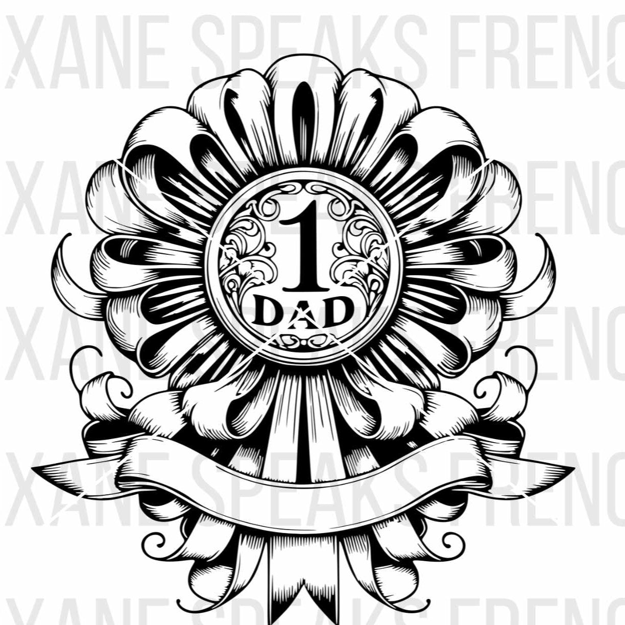 Black and white illustration of a ribbon badge with the text "1 Dad" in the center, surrounded by ornate floral designs and ribbon elements. The design is detailed and intricate, highlighting the award-like appearance of the badge.