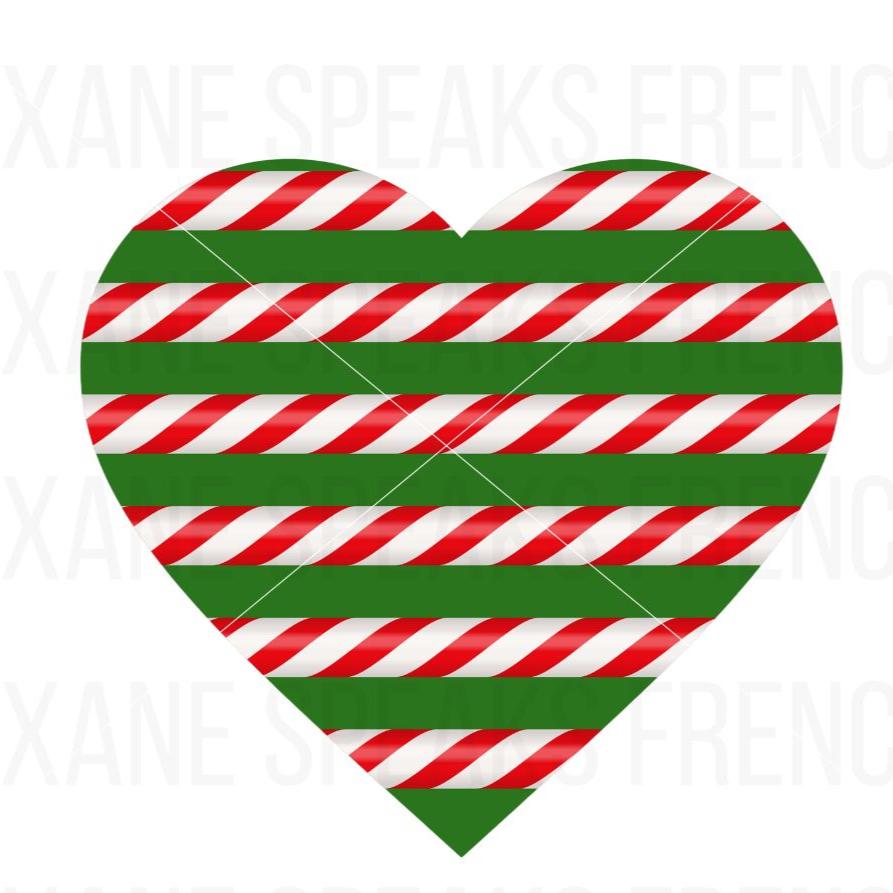 A heart-shaped design with festive red, white, and green diagonal stripes, resembling candy cane and holiday wrapping patterns. The vibrant colors create a Christmas-themed feel, perfect for seasonal decorations, crafts, and digital projects.