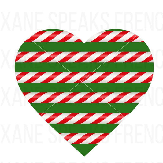 A heart-shaped design with festive red, white, and green diagonal stripes, resembling candy cane and holiday wrapping patterns. The vibrant colors create a Christmas-themed feel, perfect for seasonal decorations, crafts, and digital projects.