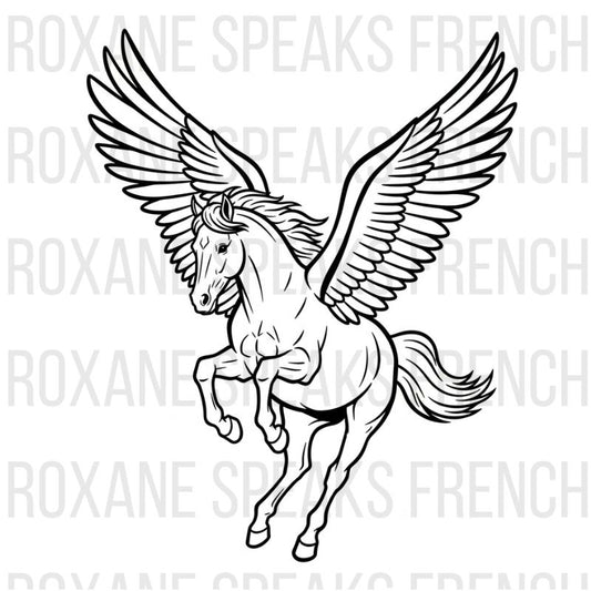 Pegasus unicorn coloring page with winged horse featuring magical horn and flowing mane and tail - printable fantasy line art design