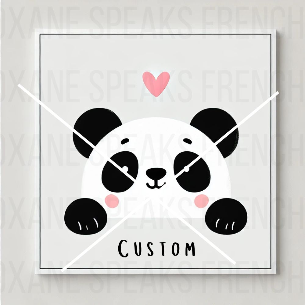 Custom panda illustration wall art with a heart and space for personalized name, ideal for nursery and children's decor.