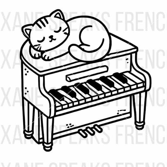 Adorable sleeping cat on a grand piano, available as an SVG and PNG file for crafting and DIY projects