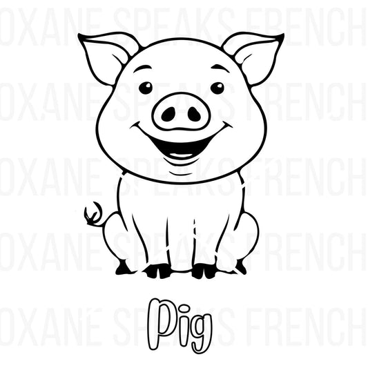 Cute pig coloring page featuring a smiling pig with clean, bold outlines and a cheerful expression, perfect for kids’ coloring activities and crafting projects.