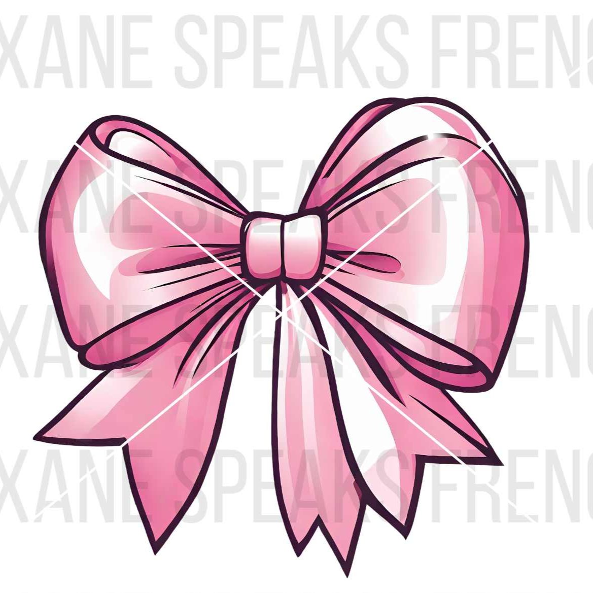 A beautifully detailed pink bow with a shiny and realistic look. The bow is elegantly tied with long tails, featuring highlights and shadows that give it a three-dimensional appearance. The design is available as an SVG and PNG file.