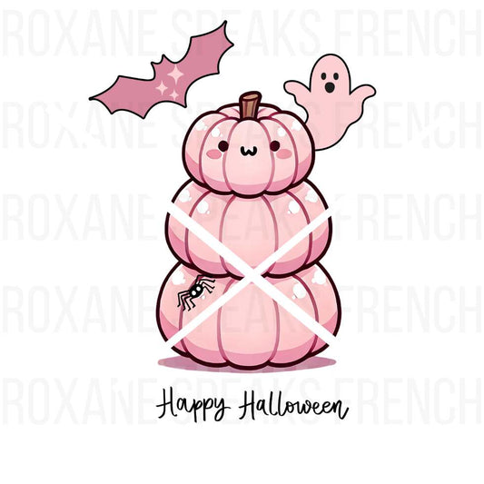 Pastel pink stack of pumpkins with kawaii ghost, bat, and spider details, accompanied by 'Happy Halloween' text. Perfect for cute Halloween-themed crafts and decor projects.