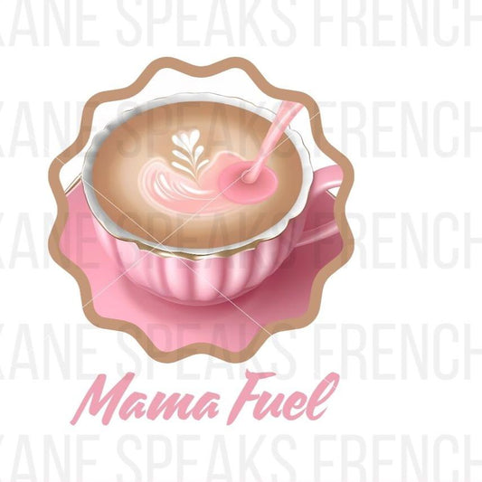 A pink teacup and saucer with a latte art design, featuring a heart-shaped pattern on top. The cup has a striped pink straw and sits on a clean, white surface. The image includes the text "Mama Fuel" below the teacup in a stylish, pink font, and "PNG for Print on Demand" in bold letters underneath. The design is framed by a soft, scalloped latte border.